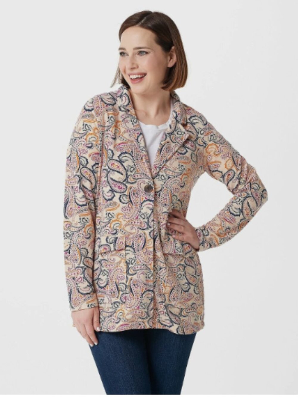 Cuddl Duds Lightweight Comfort Blazer w/Patch Pockets-Ochre Paisley-Med-A391574